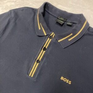 Boss Hugo Boss Polo Shirt Men's XL Navy Blue Striped Collar Cotton Short Sleeve